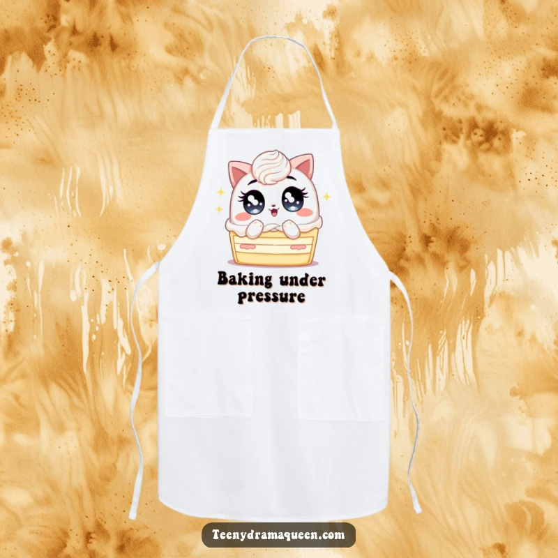Funny apron featuring a cake slice with huge, sparkling eyes, fanning itself intensely, perfect for humorous baking sessions.