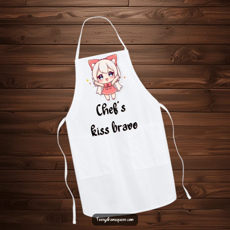 Funny apron featuring a cheery character taking a dramatic bow, making kitchen tasks a humorous and celebratory experience.