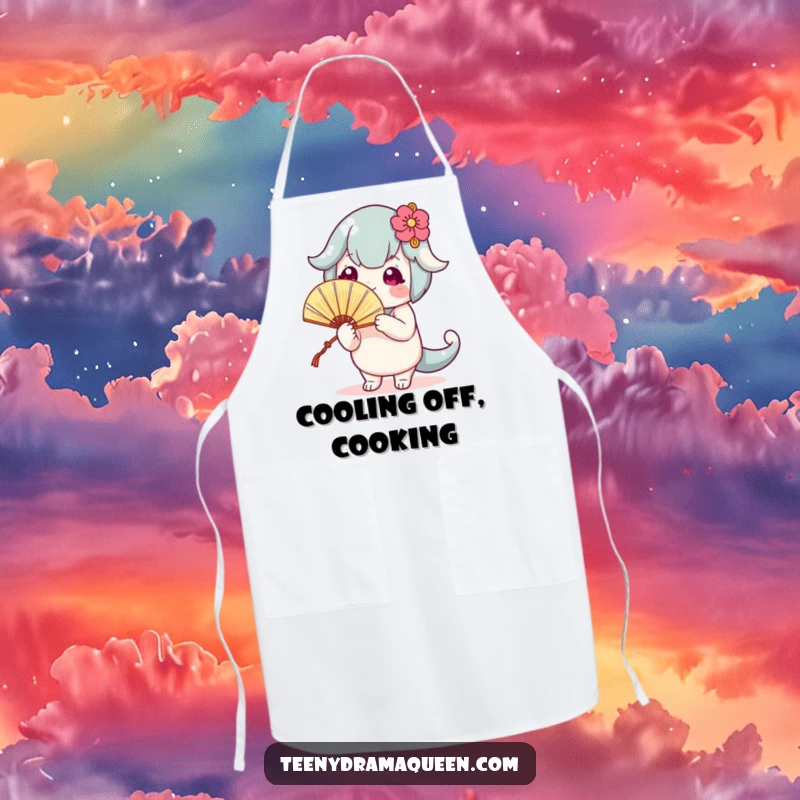 Funny apron with a cute character fanning itself theatrically, perfect for kitchen use with a humorous flair.