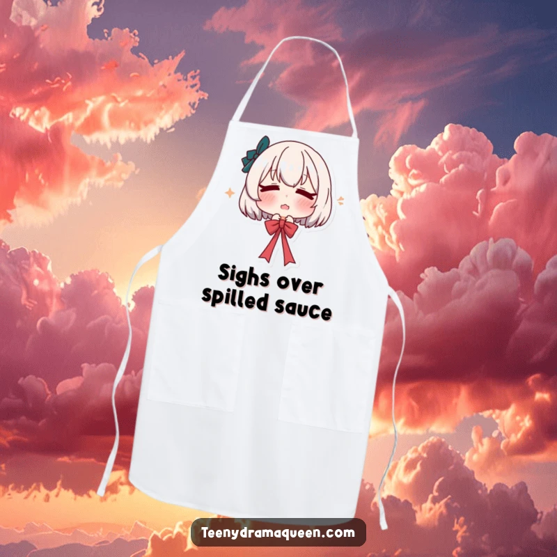 Funny apron showing a character with a pouty lip sighing and releasing a ribbon, ideal for a dramatic cook. Kitchen humor at its finest.