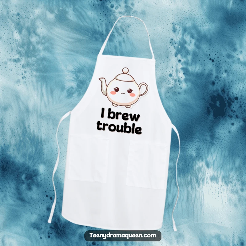 Funny teapot character apron, very small, expressive, tiny raised spout, adding whimsical charm to cooking.