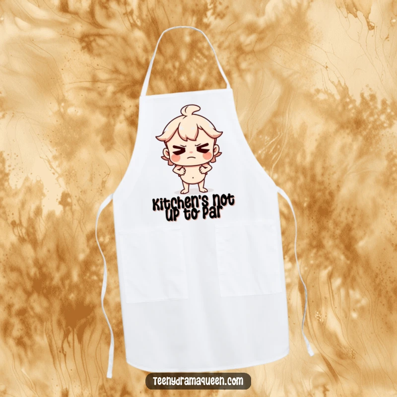Funny Apron showing a character huffing and puffing with hands on hips, a hilarious depiction of kitchen displeasure.