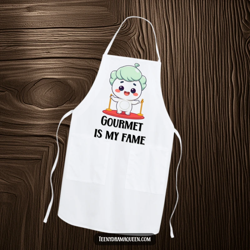 Funny giggling character posing on a red carpet, beaming, adding Hollywood glamour to cooking or baking.