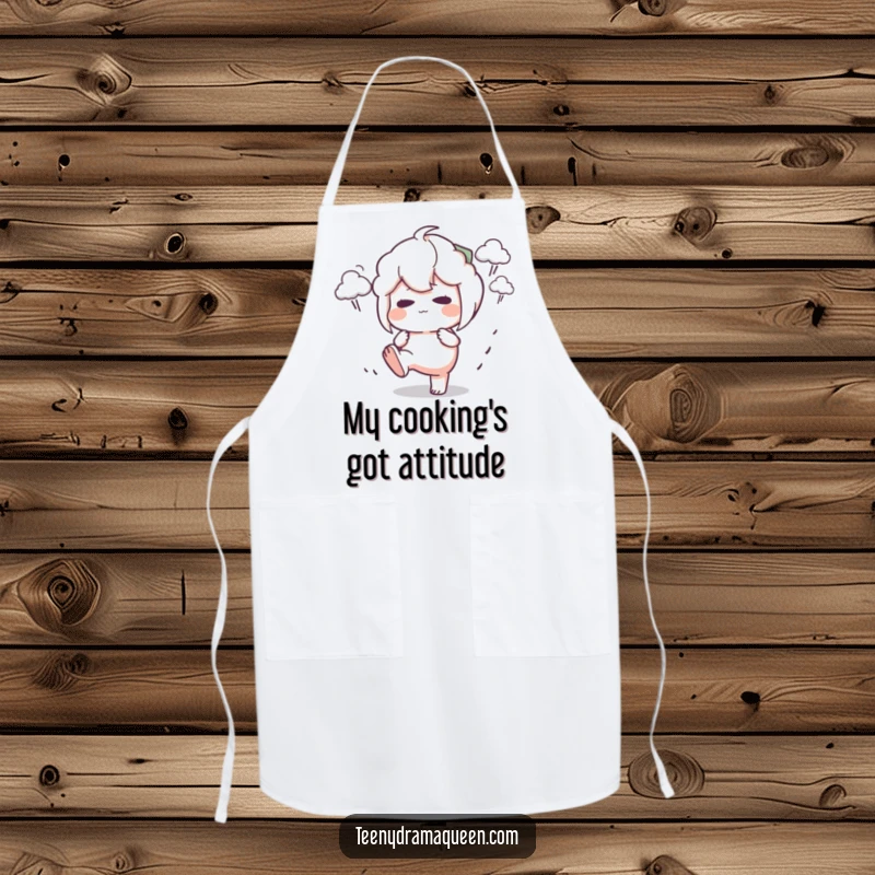 Funny Apron showing a character stomping its foot with a pout, surrounded by tiny storm clouds, a hilarious depiction of kitchen displeasure.