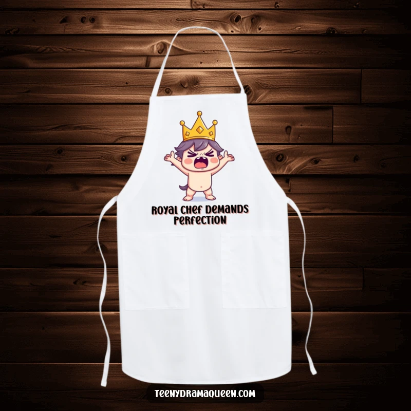 Funny Apron showing a tiny king character in a dramatic tantrum pose, ready to cause hilarious kitchen mayhem.