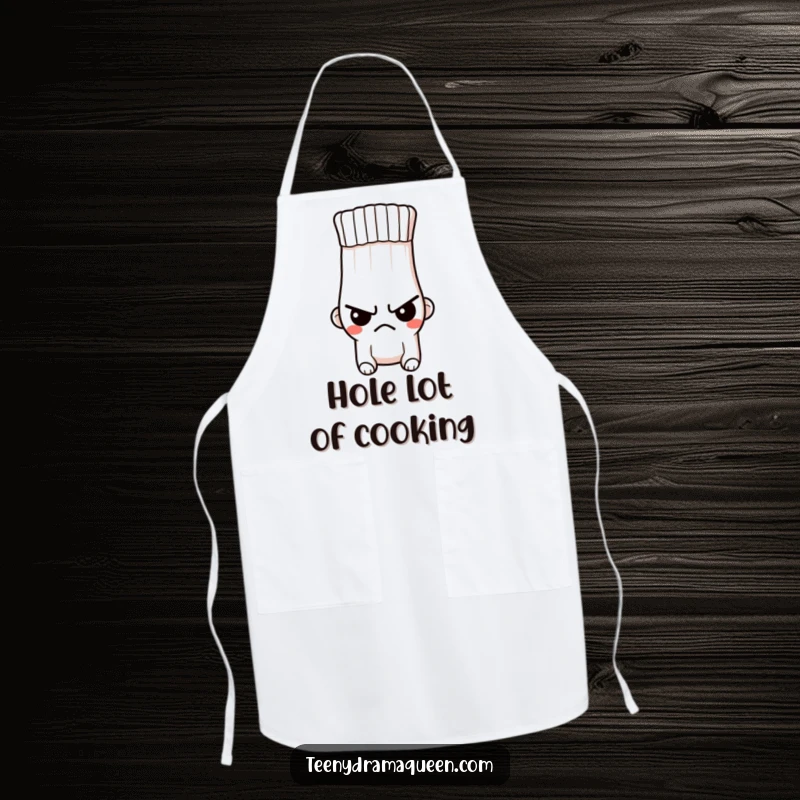 Funny apron showing a tiny, indignant sock character with a stern expression and a hole, protecting clothes with a frown.