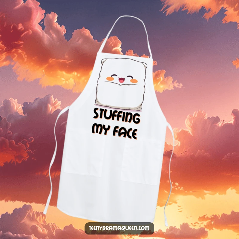 Funny apron showing a giggling, overstuffed pillow character with a comically large case, ready to protect clothes with a smile.