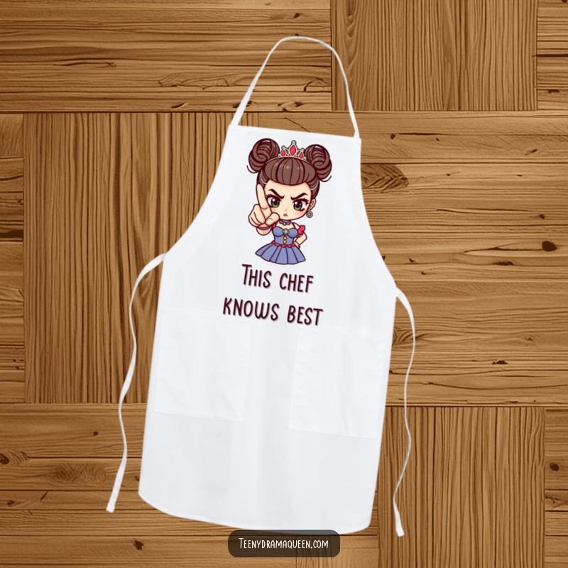 Funny tiny drama queen pointing with a perfectly manicured finger, adding dramatic humor to cooking or baking.