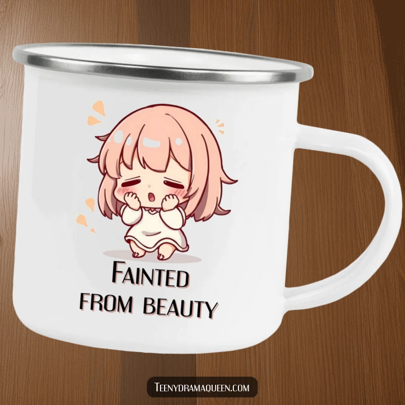 Funny Camping Mug: Small character dramatically fainting with a flourish, perfect for dramatic sips in the wild.