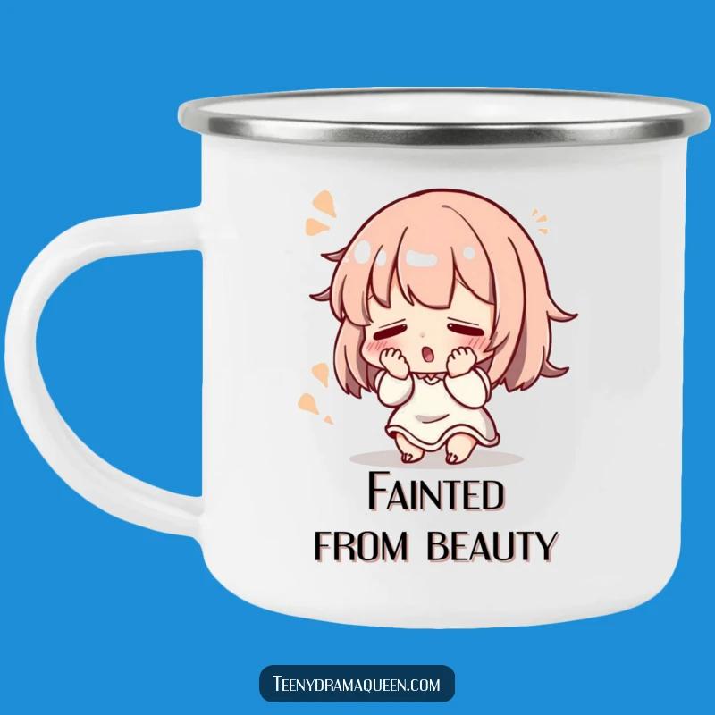 Funny Fainting Camping Mug: Dramatic Flourish Enamel Cup, Outdoor Humor Gift