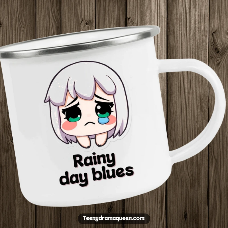 Funny camping mug, an exaggeratedly sad character with a single tear, perfect for outdoor contemplation.