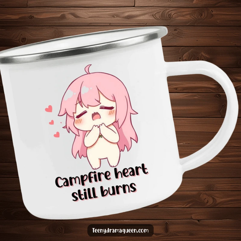 Funny Camping Mug with a character dramatically clutching its chest, faking heartbreak with humorous theatricality for adventures.