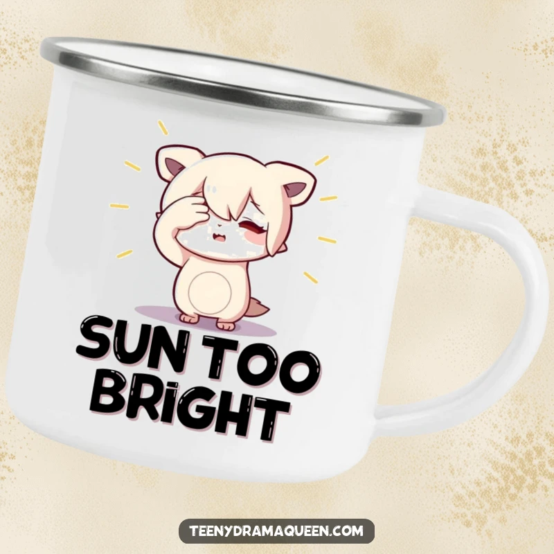 Funny Character Camping Mug: Sturdy enamel cup featuring a small figure dramatically shielding their eyes from an imaginary spotlight.