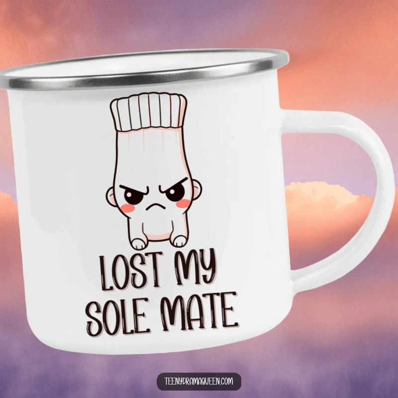 Funny camping mug with a tiny, indignant sock character showing a stern expression and a hole, built for durable, grumpy outdoor enjoyment.