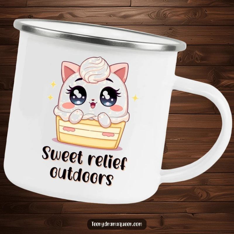Funny camping mug with a cake slice, large sparkling eyes, and fanning action, built for rugged adventures and comical relief.
