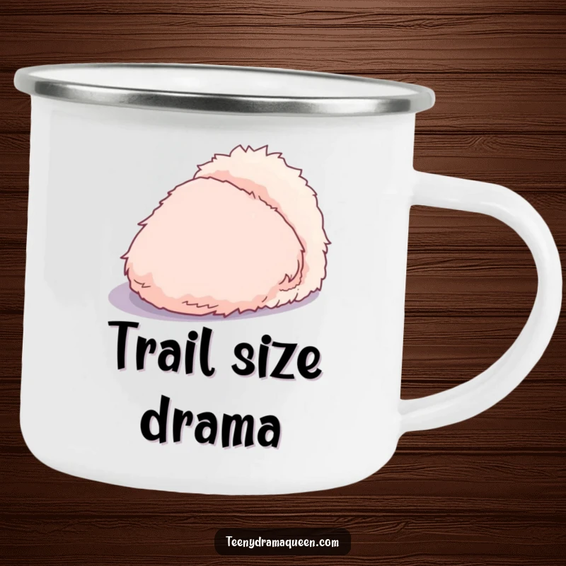 Funny camping mug with a dramatic, overly fluffy slipper casting an exaggerated shadow, designed for sturdy, theatrical outdoor enjoyment.