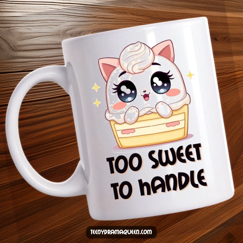 Funny mug featuring a slice of cake with giant, sparkling eyes, intensely fanning itself, expressing comical heat discomfort.