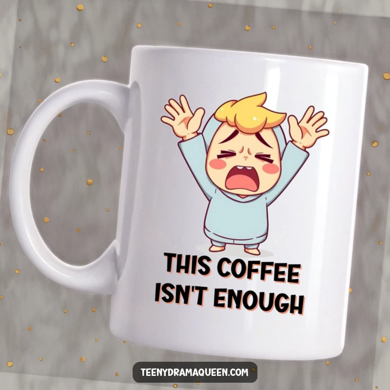 Funny mug featuring a character throwing its hands up in exaggerated, comical exasperation.