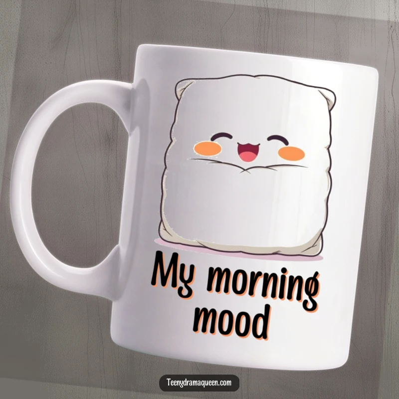 Funny mug with a giggling, overstuffed pillow character bursting playfully from its comically large case, expressing pure joy.