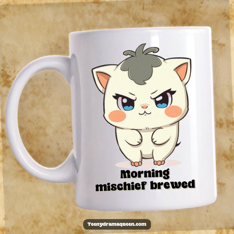 Funny mug featuring a character with a mischievous glint in its eye, poised to create a small, humorous commotion.