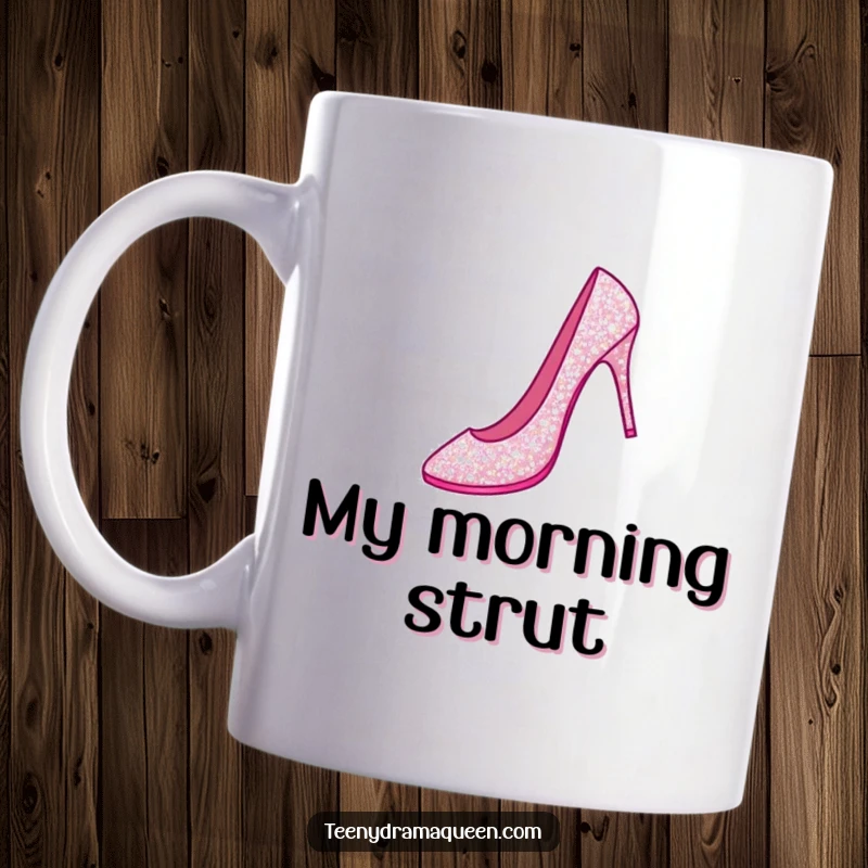 Funny mug showcasing a single, sparkly stiletto shoe performing a graceful grand jeté, symbolizing elegance and movement.