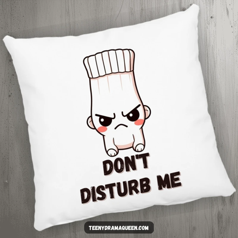Funny pillow designed as a tiny, indignant sock character with a stern expression and a hole, offering comfort with a scowl.