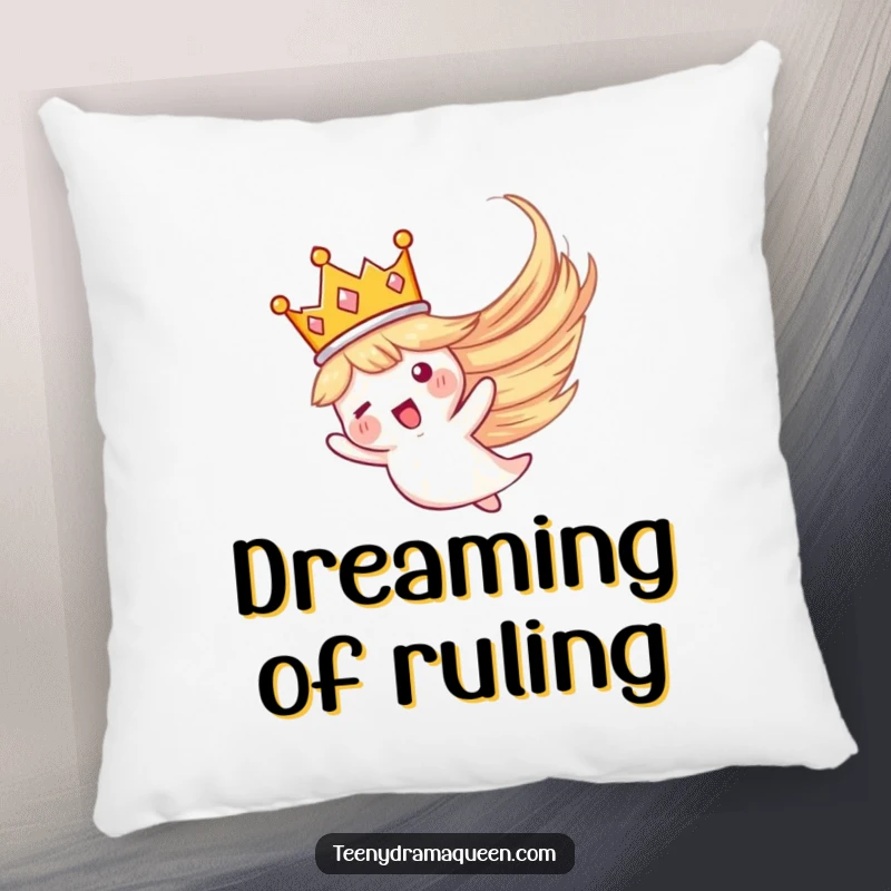 Funny pillow with a small crown dramatically flying in a whirlwind, offering soft comfort and a humorous, regal touch.