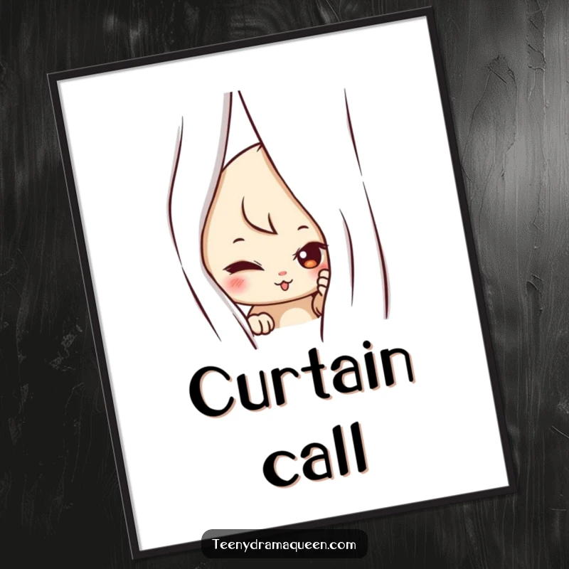 Funny digital art print of a mischievous character peeking from behind a curtain, ready to be printed and add playful humor.