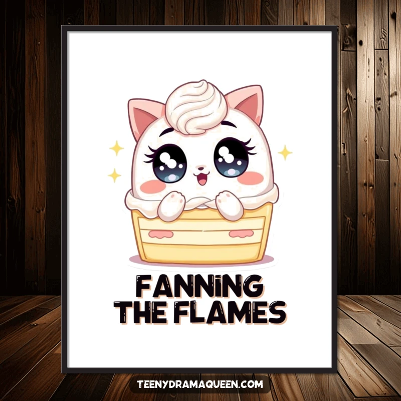 Funny digital art print of a cake slice with giant sparkling eyes, fanning itself intensely, adding humorous decor.
