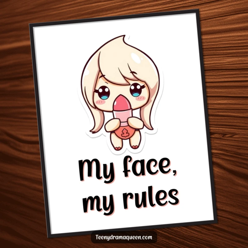Funny Digital Art Print of a tiny lipstick character with an unimpressed expression, embodying chic sarcasm and humorous art.