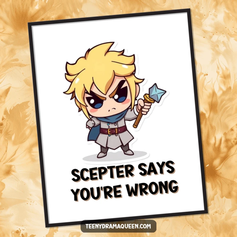 Funny digital art print of a miniature scepter character pointing accusingly, offering humorous royal direction for wall decor. Great funny gift.