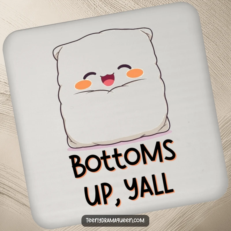 Funny drink coaster with a giggling, overstuffed pillow character peeking from its comically large case, protecting surfaces with style.