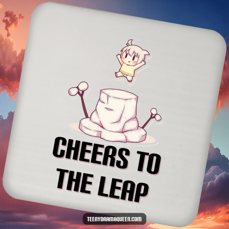 Funny small character leaping dramatically onto a tiny elevated platform with a flourish, protecting surfaces with motivational humor.