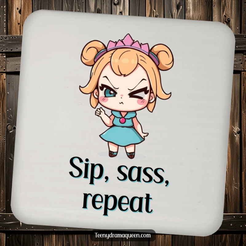Funny Drink Coasters: Teeny drama queen character with exaggerated eye roll and sassy pose, protecting tables with dramatic flair.