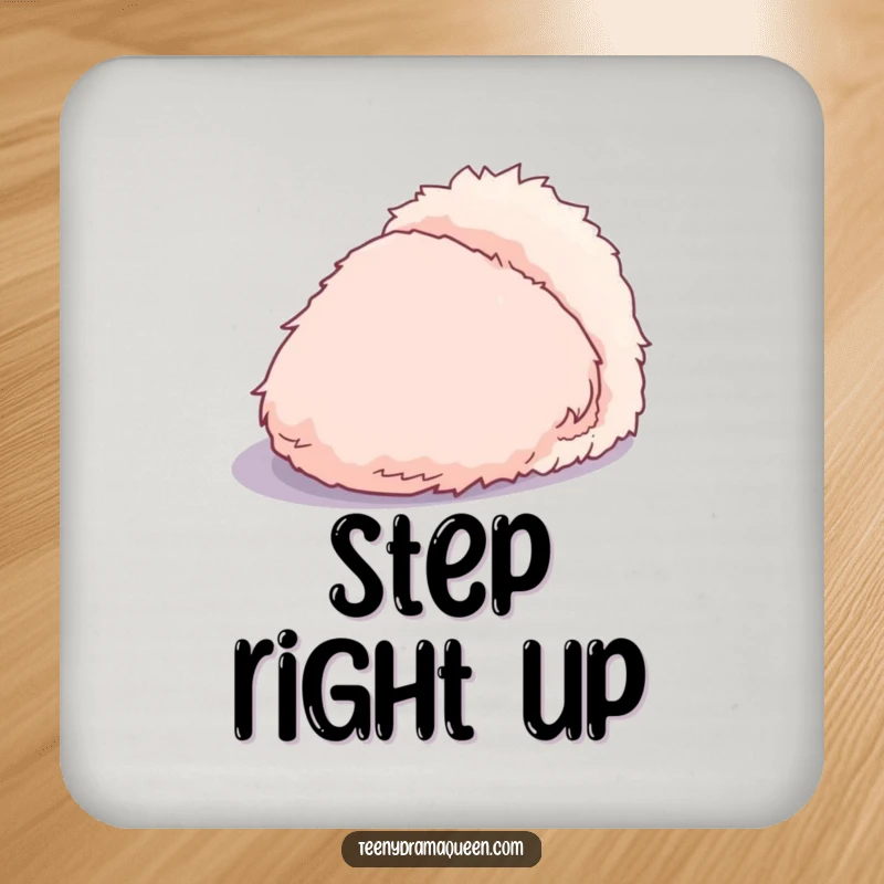 Funny drink coaster with a dramatic, overly fluffy slipper casting an exaggerated shadow, protecting surfaces with theatrical flair.