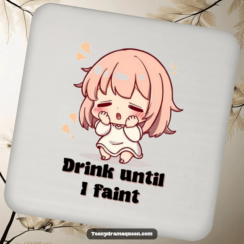 Funny Drink Coasters: Small character dramatically fainting with a flourish, protecting tables with humorous theatricality.