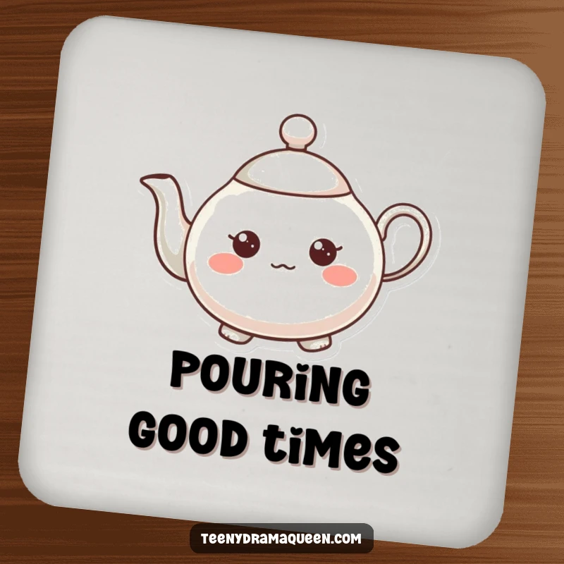 Funny teapot character coaster, very small, expressive, tiny raised spout, cute and humorous surface protection.