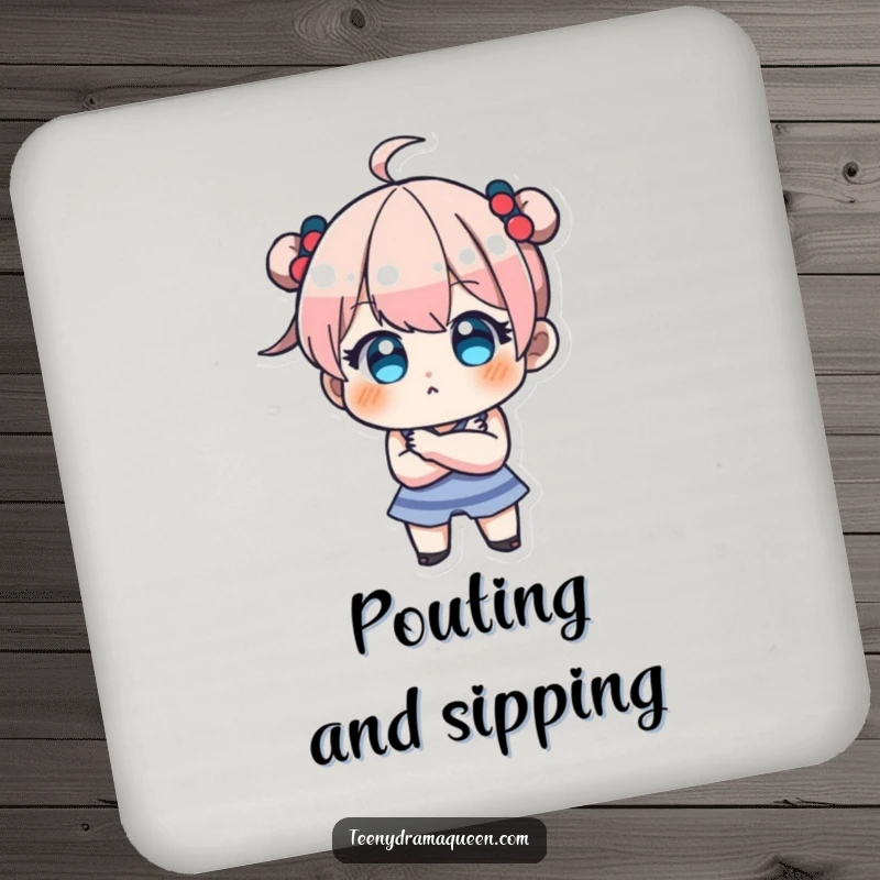 Funny drink coaster showing a teeny character pouting with crossed arms, perfect for adding adorable stubbornness and humor to tabletops.
