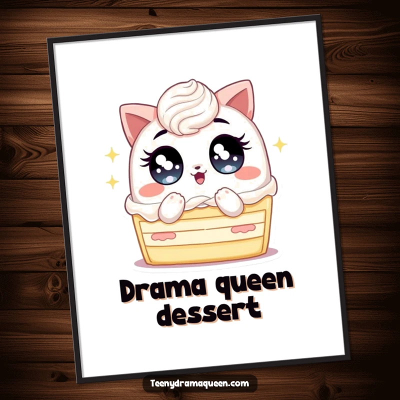 Funny poster of a cake slice with enormous sparkling eyes, fanning itself intensely, depicting comical discomfort from heat.