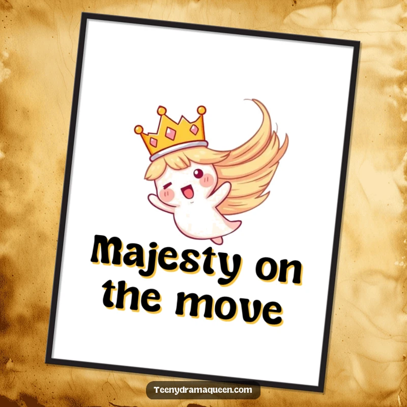 Funny poster of a tiny crown dramatically soaring through a whirlwind, creating a sense of epic, regal movement.
