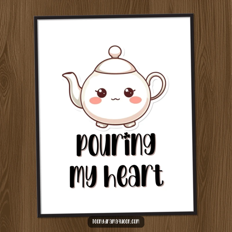Funny teapot character poster, very small, expressive, tiny raised spout, whimsical and cheerful wall art.