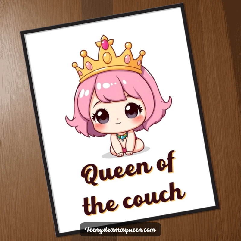 Funny Tiara Poster: A cute character proudly sporting an oversized tiara, symbolizing playful royalty and whimsical charm.