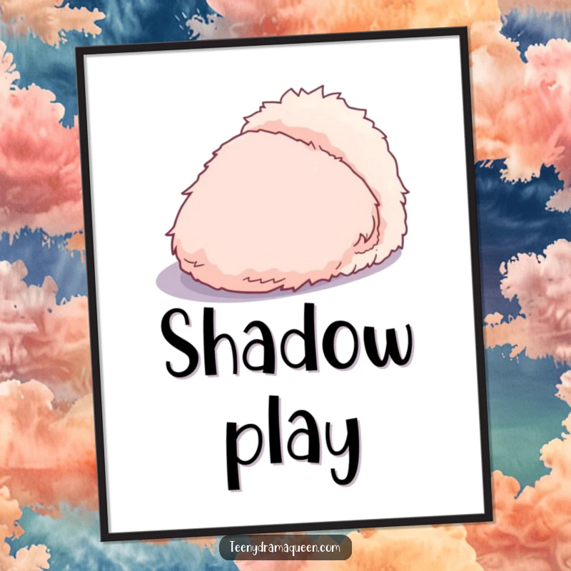 Funny poster of a dramatic, overly fluffy slipper casting a bold, exaggerated shadow, creating a captivating and humorous visual.