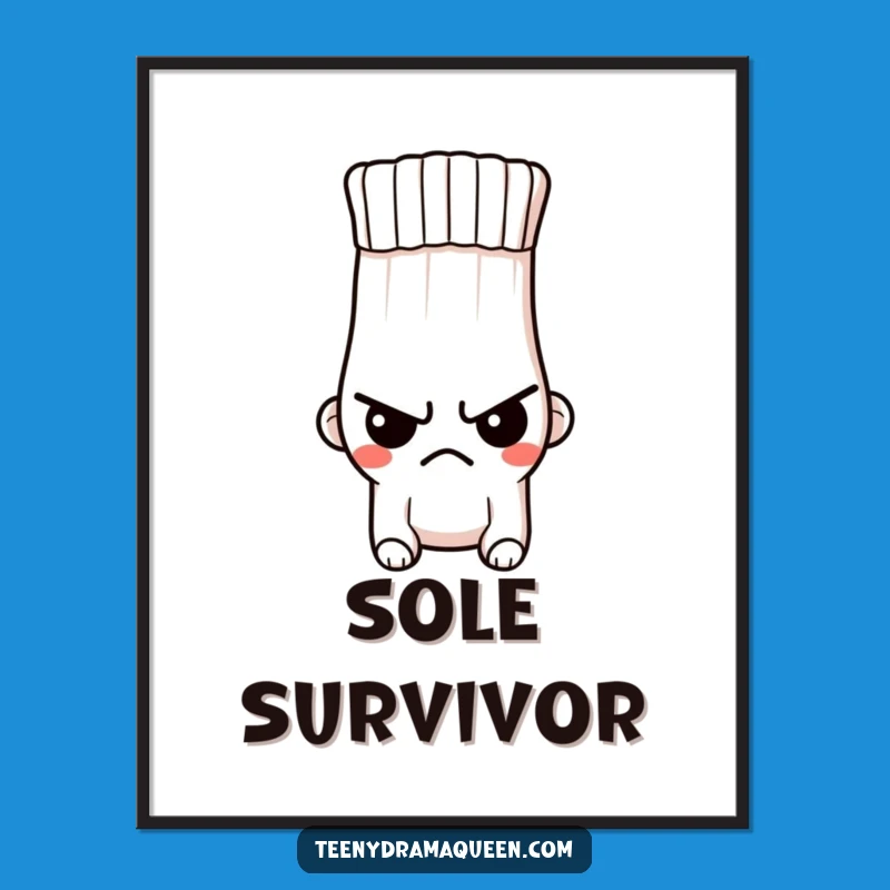 Funny Indignant Sock Poster - Stern Expression, Hole, Tiny Character, Wall Art