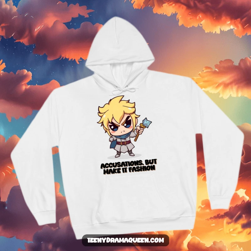 Funny hoodie featuring a miniature scepter character pointing accusingly, offering cozy humor and a touch of royal blame. Ideal funny gift.