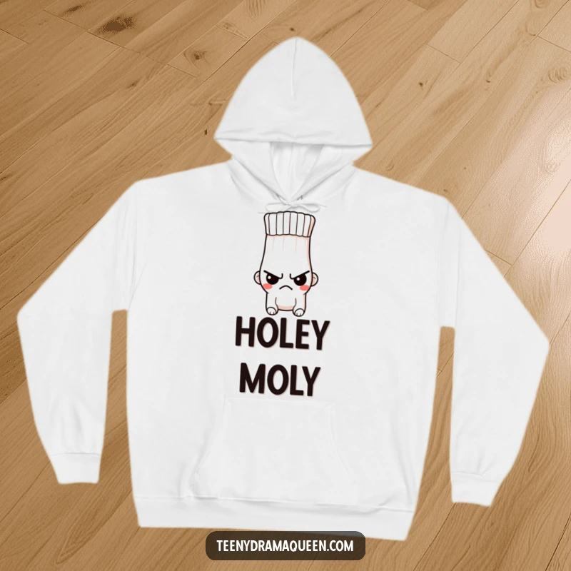 Funny hoodie depicting a tiny, indignant sock character with a stern expression and a hole, radiating grumpy comfort.