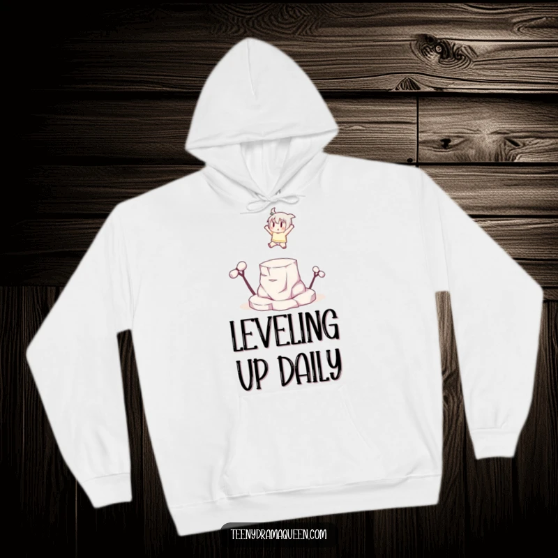 Funny small character leaping dramatically onto a tiny elevated platform with a flourish, embodying achievement and cozy comfort.