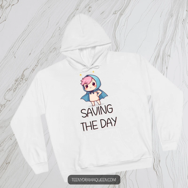Funny hoodie featuring a proud character striking a heroic pose with a tiny, sparkly cape, radiating confidence and power.