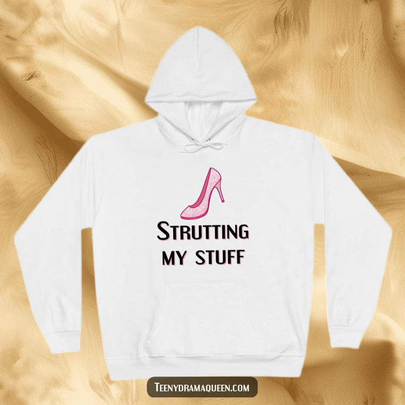 Funny hoodie with a sparkly stiletto shoe performing a grand jeté, providing warmth and a touch of elegant humor.