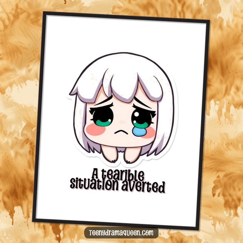 Funny Free Printable Wall Art: Exaggeratedly sad character with a single, prominent tear, adding dramatic humor.